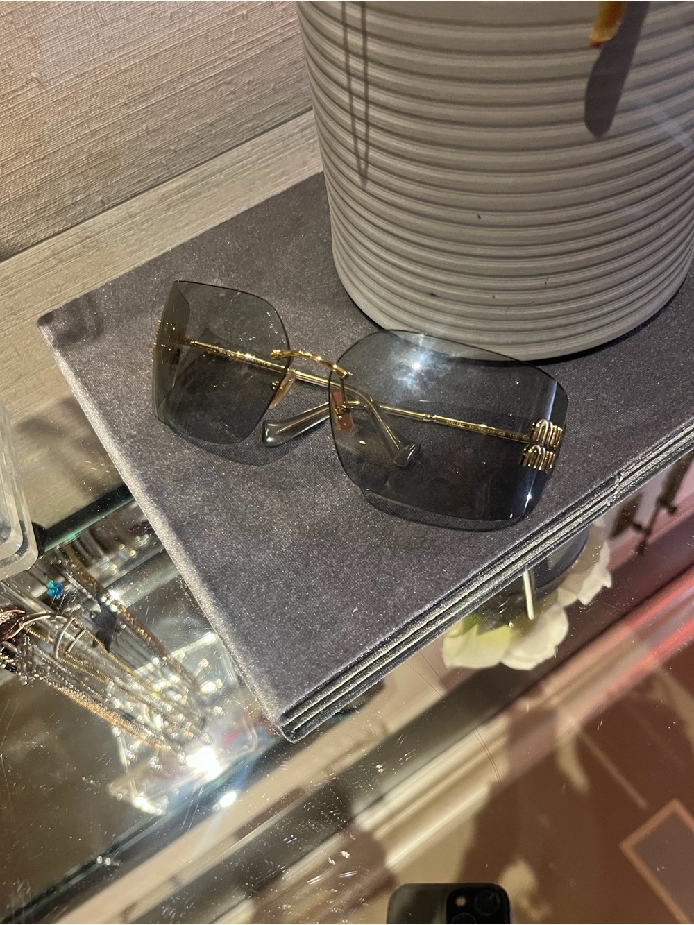 Miu Miu Gold Frame Black Lens Oversized Square Sunglasses